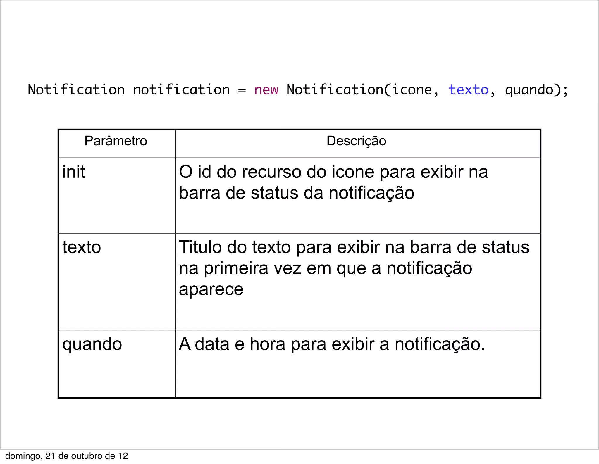 Notification notification = new Notification(icone, texto, quando);


                  Parâmetro                       Descrição

             init              O id do recurso do icone para exibir na
                               barra de status da notificação


             texto             Titulo do texto para exibir na barra de status
                               na primeira vez em que a notificação
                               aparece


             quando            A data e hora para exibir a notificação.




domingo, 21 de outubro de 12
 