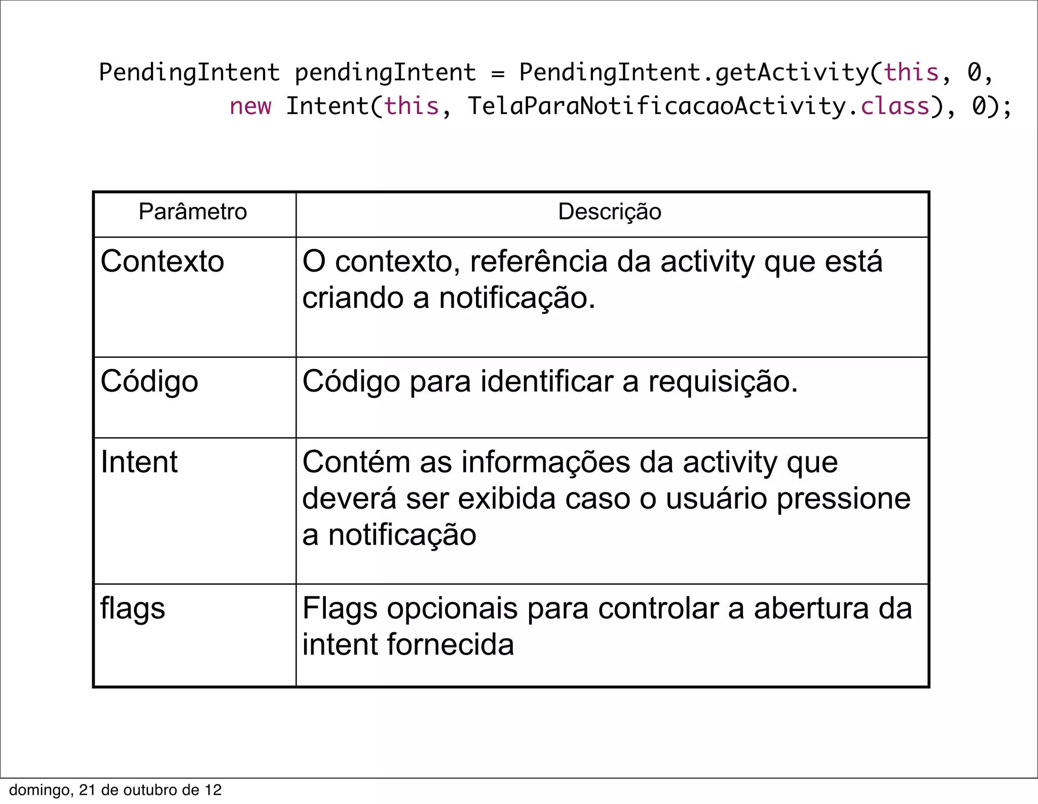 PendingIntent pendingIntent = PendingIntent.getActivity(this, 0,
                    new Intent(this, TelaParaNotificacaoActivity.class), 0);



                 Parâmetro                        Descrição

           Contexto            O contexto, referência da activity que está
                               criando a notificação.

           Código              Código para identificar a requisição.

           Intent              Contém as informações da activity que
                               deverá ser exibida caso o usuário pressione
                               a notificação

           flags               Flags opcionais para controlar a abertura da
                               intent fornecida



domingo, 21 de outubro de 12
 