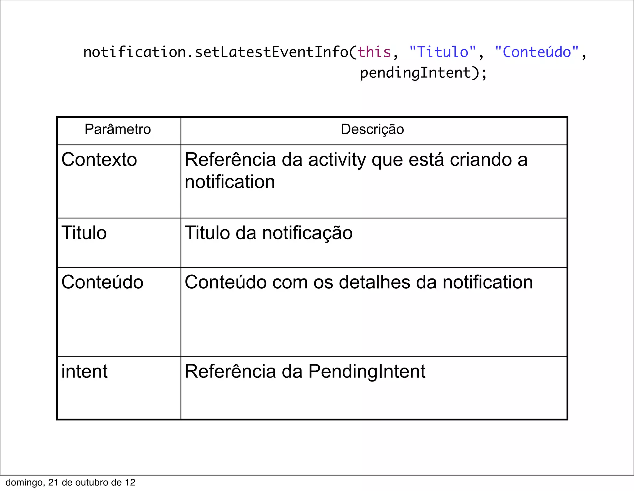 notification.setLatestEventInfo(this, "Titulo", "Conteúdo",
                                                pendingIntent);


                 Parâmetro                        Descrição

           Contexto            Referência da activity que está criando a
                               notification

           Titulo              Titulo da notificação

           Conteúdo            Conteúdo com os detalhes da notification



           intent              Referência da PendingIntent




domingo, 21 de outubro de 12
 