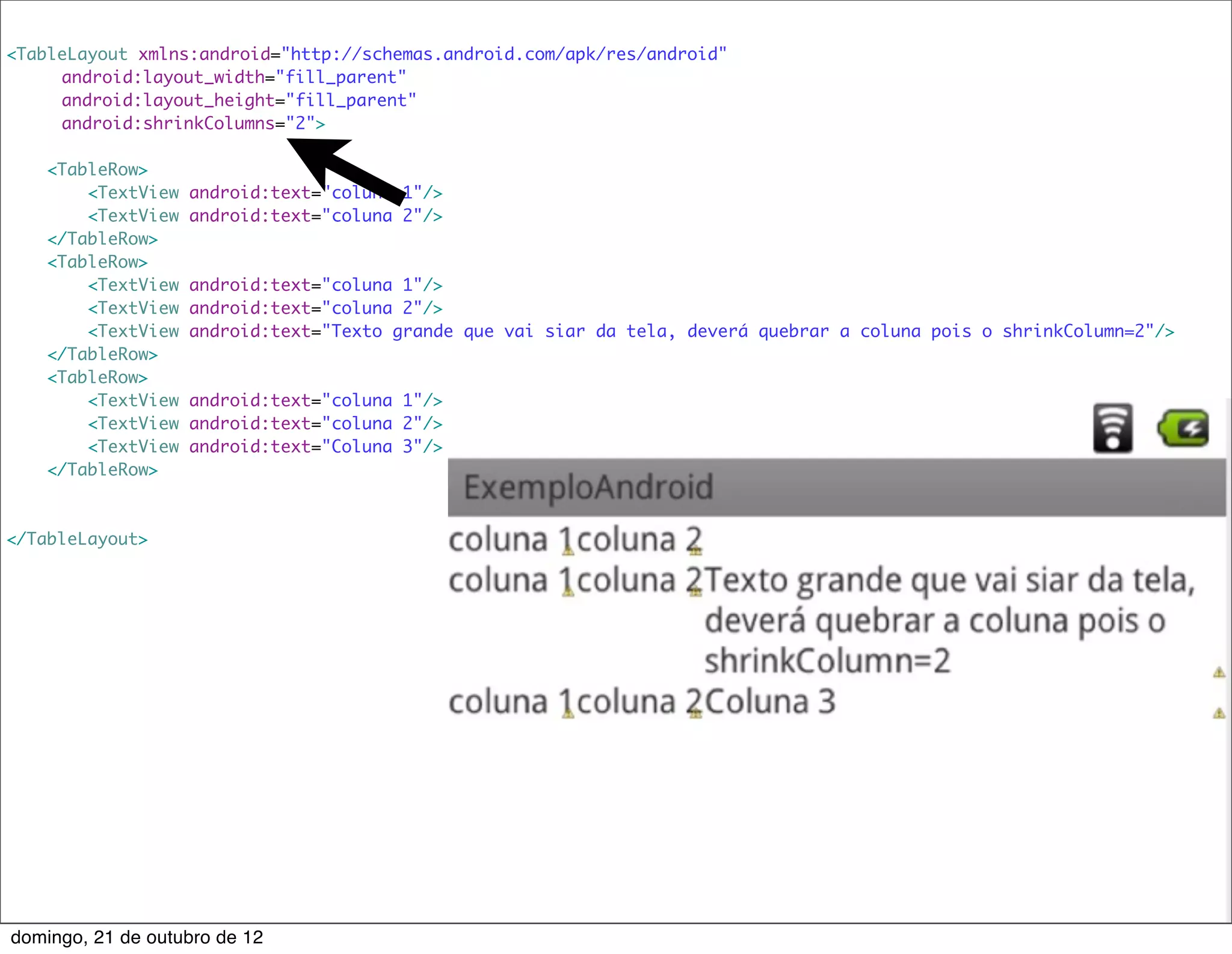 <TableLayout xmlns:android="http://schemas.android.com/apk/res/android"
    	 android:layout_width="fill_parent"
    	 android:layout_height="fill_parent"
    	 android:shrinkColumns="2">
    	
    <TableRow>
         <TextView android:text="coluna 1"/>
         <TextView android:text="coluna 2"/>
    </TableRow>
    <TableRow>
         <TextView android:text="coluna 1"/>
         <TextView android:text="coluna 2"/>
         <TextView android:text="Texto grande que vai siar da tela, deverá quebrar a coluna pois o shrinkColumn=2"/>
    </TableRow>
    <TableRow>
         <TextView android:text="coluna 1"/>
         <TextView android:text="coluna 2"/>
         <TextView android:text="Coluna 3"/>
    </TableRow>



</TableLayout>




domingo, 21 de outubro de 12
 
