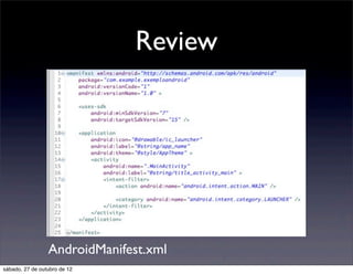 Review




                 AndroidManifest.xml
sábado, 27 de outubro de 12
 