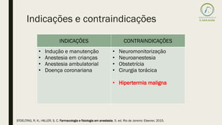 Indicações e contraindicações
INDICAÇÕES CONTRAINDICAÇÕES
• Indução e manutenção
• Anestesia em crianças
• Anestesia ambulatorial
• Doença coronariana
• Neuromonitorização
• Neuroanestesia
• Obstetrícia
• Cirurgia torácica
• Hipertermia maligna
STOELTING, R. K.; HILLER, S. C. Farmacologia e fisiologia em anestesia. 5. ed. Rio de Janeiro: Elsevier, 2015.
 