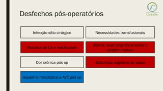 Desfechos pós-operatórios
Infecção sítio cirúrgico
Recidiva de CA e metástases
Dor crônica pós op
Isquemia miocárdica e AVC pós op
Necessidades transfusionais
Efeitos neuro cognitivos sobre o
cérebro imaturo
Disfunção cognitiva do idoso
 