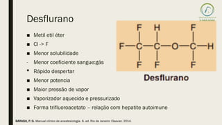 Desflurano
■ Metil etil éter
■ Cl -> F
■ Menor solubilidade
- Menor coeficiente sangue:gás
 Rápido despertar
■ Menor potencia
■ Maior pressão de vapor
■ Vaporizador aquecido e pressurizado
■ Forma trifluoroacetato – relação com hepatite autoimune
BARASH, P. G. Manual clínico de anestesiologia. 6. ed. Rio de Janeiro: Elsevier, 2014.
 