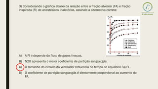 3) Considerando o gráfico abaixo da relação entre a fração alveolar (FA) e fração
inspirada (FI) de anestésicos Inalatórios, assinale a alternativa correta:
A) A Fl independe do fluxo de gases frescos.
B) N20 apresenta o maior coeficiente de partição sangue:gás.
C) O tamanho do circuito do ventilador Influencia no tempo de equilíbrio FA/FL.
D) O coeficiente de partição sangue:gás é diretamente proporcional ao aumento do
FA.
 