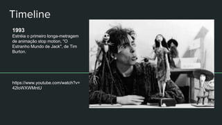 Timeline
1993
Estréia o primeiro longa-metragem
de animação stop motion, ''O
Estranho Mundo de Jack'', de Tim
Burton.
https://www.youtube.com/watch?v=
42loWXWMntU
 