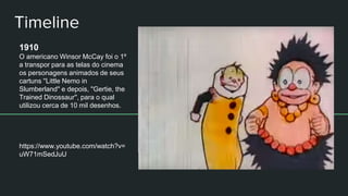 Timeline
1910
O americano Winsor McCay foi o 1º
a transpor para as telas do cinema
os personagens animados de seus
cartuns ''Little Nemo in
Slumberland'' e depois, ''Gertie, the
Trained Dinossaur'', para o qual
utilizou cerca de 10 mil desenhos.
https://www.youtube.com/watch?v=
uW71mSedJuU
 