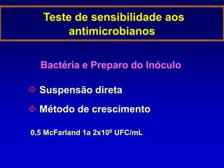 TESTE DE SENSIBILIDADE AOS ANTIMICROBIANOSMETODOLOGIASAvaliação QUALITATIVADISCO DIFUSÃO EM ÁGAR (Kirby e Bauer, 1966)Avaliação QUANTITATIVA  DILUIÇÃO EM CALDOMacrodiluiçãoMicrodiluição	DILUIÇÃO EM ÁGAR
