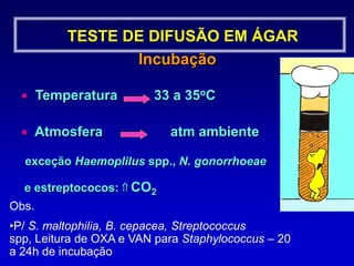 TESTE DE DISCO DIFUSÃO EM ÁGAR Fácil execução Flexibilidade na escolha dos antibióticos Padronização dos resultados Baixo custo