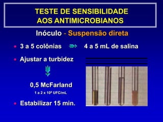 TESTE DE SENSISIBILIDADE AOSANTIBIÓTICOSPadronizaçãoControle de qualidade dos itens:meiospH		temperatura		incubação		discos (Cepas ATCC)