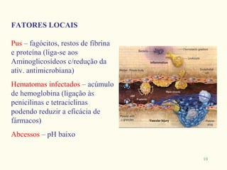 FATORES LOCAIS

Pus – fagócitos, restos de fibrina
e proteína (liga-se aos
Aminoglicosídeos c/redução da
ativ. antimicrobiana)
Hematomas infectados – acúmulo
de hemoglobina (ligação às
penicilinas e tetraciclinas
podendo reduzir a eficácia de
fármacos)
Abcessos – pH baixo


                                     10
 