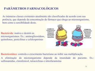 PARÂMETROS FARMACOLÓGICOS

 As inúmeras classes existentes atualmente são classificadas de acordo com sua
 potência, que depende da concentração do fármaco que chega ao microorganismo,
 bem como a sensibilidade deste.


Bactericida: inativa e destrói os
microorganismos. Ex.: aminoglicosideos,
quinolonas, penicilinas e cefalosporinas




Bacteriostática: controla o crescimento bacteriano ao inibir sua multiplicação.
A eliminação do microorganismo depende da imunidade do paciente. Ex.:
sulfonamidas, clorafenicol, tetraciclinas e nitrofurantoína
                                                                          16
 