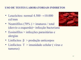 USO DE TESTES LABORATORIAIS INDIRETOS

• Leucócitos: normal 4.500 →10.000
  cel/mm
• Neutrófilos (70% ) > imaturos / total
  (desvio a esquerda)= infecção bacteriana
• Eosinófilos > infecções parasitárias e
  alergias
• Linfócitos β > produção anticorpos
• Linfócitos T > imunidade celular ( vírus e
  tumores)

                                               41
 