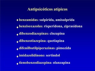 Antipsicóticos atípicos
benzamidas: sulpirida, amisulprida
benzisoxazolas: risperidona, ziprasidona
dibenzodiazepinas: clozapina
dibenzotiazepina: quetiapina
difenilbutilpiperazinas: pimozida
imidazolidinone: sertindol
tienobenzodiazepina: olanzapina
 