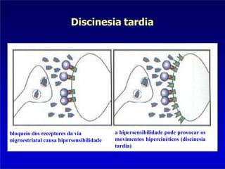 Discinesia tardia
bloqueio dos receptores da via
nigroestriatal causa hipersensibilidade
a hipersensibilidade pode provocar os
movimentos hipercinéticos (discinesia
tardia)
 