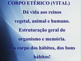 CORPO ETÉRICO (VITAL)Dávidaaosreinos vegetal, animal e humano. Estruturaçãogeral do organismo e memória.É o corpo dos hábitos, dos bonshábitos! 