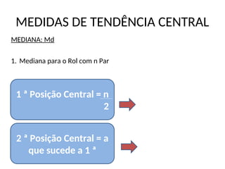 MEDIDAS DE TENDÊNCIA CENTRAL
MEDIANA: Md
1. Mediana para o Rol com n Par
11ª posição
12ª posição
1 ª Posição Central = n
2
2 ª Posição Central = a
que sucede a 1 ª
 