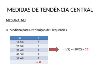 MEDIDAS DE TENDÊNCIA CENTRAL
MEDIANA: Md
3. Mediana para Distribuição de Frequências
(n/2) = (20/2) = 10
Xi fi
(10; 20] 3
(20; 30] 5
(30; 40] 7
(40; 50] 4
(50; 60] 1
n= 20
 