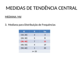 MEDIDAS DE TENDÊNCIA CENTRAL
MEDIANA: Md
3. Mediana para Distribuição de Frequências
Xi fi fac
(10; 20] 3 3
(20; 30] 5 8
(30; 40] 7 15
(40; 50] 4 19
(50; 60] 1 20
n= 20
 