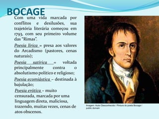 BOCAGE
Com uma vida marcada por
conflitos e desilusões, sua
trajetória literária começou em
1793, com seu primeiro volume
das “Rimas”.
Poesia lírica = presa aos valores
do Arcadismo (pastores, cenas
naturais);
Poesia satírica = voltada
principalmente contra o
absolutismo político e religioso;
Poesia ecomiástica – destinada à
bajulação;
Poesia erótica – muito
censurada, marcada por uma
linguagem direta, maliciosa,
trazendo, muitas vezes, cenas de
atos obscenos.
Imagem: Autor Desconhecido / Pintura do poeta Bocage /
public domain
 