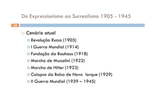Do Expressionismo ao Surrealismo 1905 - 1945
18


         Cenário atual
           Revolução Russa (1905)
           I Guerra Mundial (1914)

           Fundação da Bauhaus (1918)

           Marcha de Mussolini (1922)

           Marcha de Hitler (1923)

           Colapso da Bolsa de Nova Iorque (1929)

           II Guerra Mundial (1939 – 1945)
 