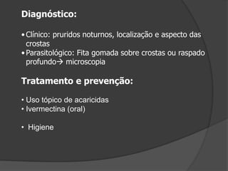 Diagnóstico:
• Clínico: pruridos noturnos, localização e aspecto das
crostas
• Parasitológico: Fita gomada sobre crostas ou raspado
profundo microscopia
Tratamento e prevenção:
• Uso tópico de acaricidas
• Ivermectina (oral)
• Higiene
 