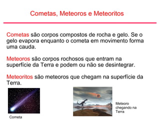 Cometas, Meteoros e Meteoritos
Cometas são corpos compostos de rocha e gelo. Se o
gelo evapora enquanto o cometa em movimento forma
uma cauda.
Meteoros são corpos rochosos que entram na
superfície da Terra e podem ou não se desintegrar.
Meteoritos são meteoros que chegam na superfície da
Terra.
Cometa
Meteoro
chegando na
Terra
 