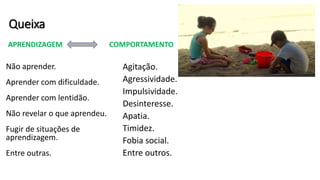 Queixa
APRENDIZAGEM
Não aprender.
Aprender com dificuldade.
Aprender com lentidão.
Não revelar o que aprendeu.
Fugir de situações de
aprendizagem.
Entre outras.
COMPORTAMENTO
Agitação.
Agressividade.
Impulsividade.
Desinteresse.
Apatia.
Timidez.
Fobia social.
Entre outros.
 