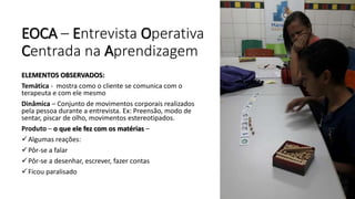 EOCA – Entrevista Operativa
Centrada na Aprendizagem
ELEMENTOS OBSERVADOS:
Temática - mostra como o cliente se comunica com o
terapeuta e com ele mesmo
Dinâmica – Conjunto de movimentos corporais realizados
pela pessoa durante a entrevista. Ex: Preensão, modo de
sentar, piscar de olho, movimentos estereotipados.
Produto – o que ele fez com os matérias –
Algumas reações:
Pôr-se a falar
Pôr-se a desenhar, escrever, fazer contas
Ficou paralisado
 