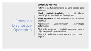 Provas do
Diagnóstico
Operatório
DIMENSÃO AFETIVA
Refere-se ao funcionamento de uma pessoa para
aprender
Nível biológico/orgânico – dificuldades
neurológicas, metabólicas, fisiológicas)
Nível estrutural – funcionamento da estrutura
cognitiva
Assimilação /acomodação/ assimilação
deformante
Abstração empírica – contato concreto com o
objeto captando seus detalhes
Abstração reflexiva – contato abstrato com o
objeto
 