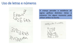 Uso de letras e números
A criança percebe a existência de
signos gráficos distintos: letras e
números. Em algum momento pode
utilizar ambos na escrita.
 