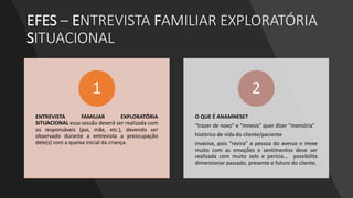 EFES – ENTREVISTA FAMILIAR EXPLORATÓRIA
SITUACIONAL
ENTREVISTA FAMILIAR EXPLORATÓRIA
SITUACIONAL essa sessão deverá ser realizada com
os responsáveis (pai, mãe, etc.), devendo ser
observado durante a entrevista a preocupação
dele(s) com a queixa inicial da criança.
1
O QUE É ANAMNESE?
“trazer de novo” e “mnesis” quer dizer “memória”
histórico de vida do cliente/paciente
invasiva, pois “revira” a pessoa do avesso e mexe
muito com as emoções e sentimentos deve ser
realizada com muito zelo e perícia... possibilita
dimensionar passado, presente e futuro do cliente.
2
 