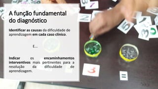 A função fundamental
do diagnóstico
Identificar as causas da dificuldade de
aprendizagem em cada caso clínico.
E...
Indicar os encaminhamentos
interventivos mais pertinentes para a
resolução da dificuldade de
aprendizagem.
 