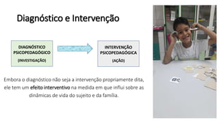 Diagnóstico e Intervenção
DIAGNÓSTICO
PSICOPEDAGÓGICO
(INVESTIGAÇÃO)
INTERVENÇÃO
PSICOPEDAGÓGICA
(AÇÃO)
Embora o diagnóstico não seja a intervenção propriamente dita,
ele tem um efeito interventivo na medida em que influi sobre as
dinâmicas de vida do sujeito e da família.
 