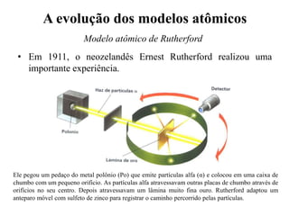 A evolução dos modelos atômicos
• Em 1911, o neozelandês Ernest Rutherford realizou uma
importante experiência.
Modelo atômico de Rutherford
Ele pegou um pedaço do metal polônio (Po) que emite partículas alfa (α) e colocou em uma caixa de
chumbo com um pequeno orifício. As partículas alfa atravessavam outras placas de chumbo através de
orifícios no seu centro. Depois atravessavam um lâmina muito fina ouro. Rutherford adaptou um
anteparo móvel com sulfeto de zinco para registrar o caminho percorrido pelas partículas.
 