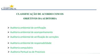 CLASSIFICAÇÃO DE ACORDO COM OS
OBJETIVOS DAAUDITORIA
 Auditoria ambiental de certificação
 Auditoria ambiental de acompanhamento
 Auditoria ambiental de verificação de correções
 Auditoria ambiental de responsabilidade
 Auditoria compulsória
 Auditoria Pontual ou de Processos
 