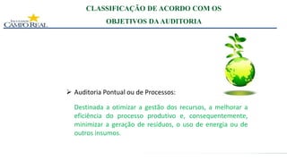 CLASSIFICAÇÃO DE ACORDO COM OS
OBJETIVOS DAAUDITORIA
 Auditoria Pontual ou de Processos:
Destinada a otimizar a gestão dos recursos, a melhorar a
eficiência do processo produtivo e, consequentemente,
minimizar a geração de resíduos, o uso de energia ou de
outros insumos.
 