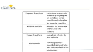 Programa de auditoria conjunto de uma ou mais
auditorias planejado para
um período de tempo
específico e direcionado a
um propósito específico;
Plano de auditoria descrição das atividades e
arranjos para uma
auditoria;
Escopo de auditoria abrangência e limites de
uma auditoria;
Competência atributos pessoais e
capacidade demonstrados
para aplicar conhecimentos
e habilidades.
 