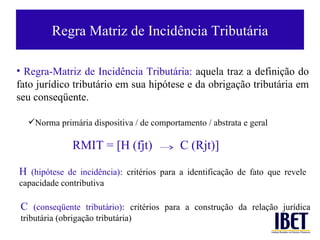 Regra Matriz de Incid ência Tributária H  (hipótese de incidência) :   critérios para a identificação de fato que revele capacidade contributiva RMIT = [H (fjt)  C (Rjt)] C  (conseq ü ente tributário) :   critérios para a construção da relação jurídica tributária (obrigação tributária) Regra-Matriz de Incidência Tributária:  aquela traz a definição do fato jurídico tributário em sua hipótese e da obrigação tributária em seu conseqüente.  Norma primária dispositiva / de comportamento / abstrata e geral 