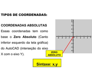 COORDENADAS ABSOLUTAS Essas coordenadas tem como base o  Zero Absoluto  (Canto inferior esquerdo da tela gráfica) do AutoCAD (interseção do eixo X com o eixo Y).  TIPOS DE COORDENADAS: ZERO ABSOLUTO Sintaxe: x,y 