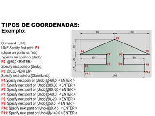 TIPOS DE COORDENADAS: Command : LINE  LINE Specify first point:  P1   (clique um ponto na Tela)  Specify next point or [Undo]:  P2 : @50,0 <ENTER>  Specify next point or [Undo]:  P3 : @0,20 <ENTER>  Specify next point or [Close/Undo]:  P4 : Specify next point or [Undo]  @-60,0  < ENTER >  P5 :  Specify next point or [Undo] @80,30  < ENTER >  P6 :  Specify next point or [Undo] @80,-30 < ENTER >  P7 :  Specify next point or [Undo] @-60,0  < ENTER >  P8 :  Specify next point or [Undo] @0,-20  < ENTER >  P9 :  Specify next point or [Undo] @50,0  < ENTER >  P10 :  Specify next point or [Undo] @0,-15  < ENTER >  P11 :  Specify next point or [Undo] @-140,0 < ENTER >  Exemplo: 