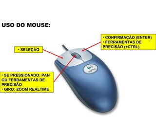 USO DO MOUSE: SELEÇÃO CONFIRMAÇÃO (ENTER) FERRAMENTAS DE PRECISÃO (+CTRL) SE PRESSIONADO: PAN OU FERRAMENTAS DE PRECISÃO GIRO: ZOOM REALTIME 