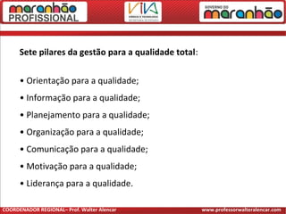 Sete pilares da gestão para a qualidade total:
• Orientação para a qualidade;
• Informação para a qualidade;
• Planejamento para a qualidade;
• Organização para a qualidade;
• Comunicação para a qualidade;
• Motivação para a qualidade;
• Liderança para a qualidade.
COORDENADOR REGIONAL– Prof. Walter Alencar www.professorwalteralencar.com
 
