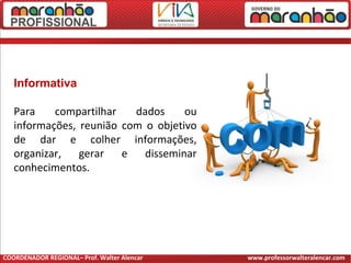 Informativa
Para compartilhar dados ou
informações, reunião com o objetivo
de dar e colher informações,
organizar, gerar e disseminar
conhecimentos.
COORDENADOR REGIONAL– Prof. Walter Alencar www.professorwalteralencar.com
 