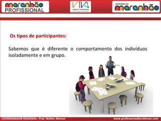 Os tipos de participantes:
Sabemos que é diferente o comportamento dos indivíduos
isoladamente e em grupo.
COORDENADOR REGIONAL– Prof. Walter Alencar www.professorwalteralencar.com
 