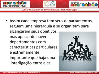 CURSO DE AUXILIAR DE CONTABILIDADE – Prof. Aldeir Lopes
• Assim cada empresa tem seus departamentos,
seguem uma hierarquia e se organizam para
alcançarem seus objetivos,
mas apesar de haver
departamentos com
características particulares
é extremamente
importante que haja uma
interligação entre eles.
COORDENADOR REGIONAL– Prof. Walter Alencar www.professorwalteralencar.com
 