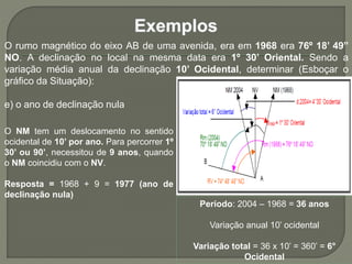 O rumo magnético do eixo AB de uma avenida, era em 1968 era 76º 18’ 49”
NO. A declinação no local na mesma data era 1º 30’ Oriental. Sendo a
variação média anual da declinação 10’ Ocidental, determinar (Esboçar o
gráfico da Situação):
e) o ano de declinação nula
Período: 2004 – 1968 = 36 anos
Variação anual 10’ ocidental
Variação total = 36 x 10’ = 360’ = 6°
Ocidental
O NM tem um deslocamento no sentido
ocidental de 10’ por ano. Para percorrer 1º
30’ ou 90’, necessitou de 9 anos, quando
o NM coincidiu com o NV.
Resposta = 1968 + 9 = 1977 (ano de
declinação nula)
 