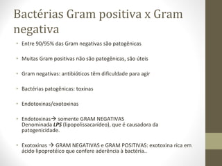 • Entre 90/95% das Gram negativas são patogênicas
• Muitas Gram positivas não são patogênicas, são úteis
• Gram negativas: antibióticos têm dificuldade para agir
• Bactérias patogênicas: toxinas
• Endotoxinas/exotoxinas
• Endotoxinas somente GRAM NEGATIVAS
Denominada LPS (lipopolissacarídeo), que é causadora da
patogenicidade.
• Exotoxinas  GRAM NEGATIVAS e GRAM POSITIVAS: exotoxina rica em
ácido lipoprotéico que confere aderência à bactéria..
Bactérias Gram positiva x Gram
negativa
 