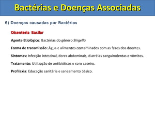 6) Doenças causadas por Bactérias
Disenteria BacilarDisenteria Bacilar
Agente Etiológico: Bactérias do gênero Shigella
Forma de transmissão: Água e alimentos contaminados com as fezes dos doentes.
Sintomas: Infecção intestinal, dores abdominais, diarréias sanguinolentas e vômitos.
Tratamento: Utilização de antibióticos e soro caseiro.
Profilaxia: Educação sanitária e saneamento básico.
Bactérias e Doenças AssociadasBactérias e Doenças Associadas
 
