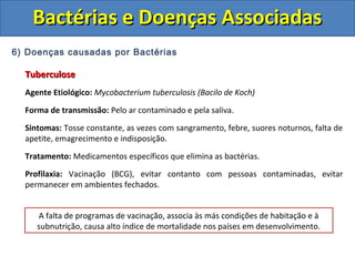 6) Doenças causadas por Bactérias
TuberculoseTuberculose
Agente Etiológico: Mycobacterium tuberculosis (Bacilo de Koch)
Forma de transmissão: Pelo ar contaminado e pela saliva.
Sintomas: Tosse constante, as vezes com sangramento, febre, suores noturnos, falta de
apetite, emagrecimento e indisposição.
Tratamento: Medicamentos específicos que elimina as bactérias.
Profilaxia: Vacinação (BCG), evitar contanto com pessoas contaminadas, evitar
permanecer em ambientes fechados.
Bactérias e Doenças AssociadasBactérias e Doenças Associadas
A falta de programas de vacinação, associa às más condições de habitação e à
subnutrição, causa alto índice de mortalidade nos países em desenvolvimento.
 